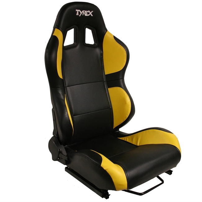 Sæde i skålform fra Tyrex i kunstlæder sort og gul inkl. skinner